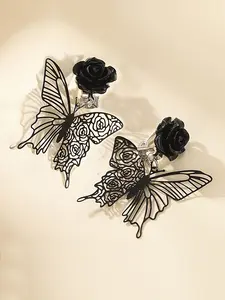 [Gothic Earrings] Black Gothic Punk 1 Pair Alloy Clip-On Earrings | Lightweight Durable Gothic Accessories Jewelry for Women - Halloween Black Rose & Butterfly Motif Design with Intricate Cut-Out Patterns for Daily Wear & Costume Parties
