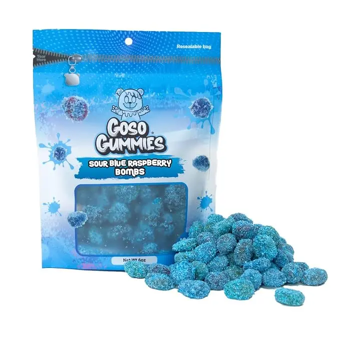 sour gummy candy, blue raspberry gummies, chewy gummy candy, filled gummy candy, sour candy, fruit gummies, blue raspberry candy, chewy fruit candy, gusher candy, Goso gummies