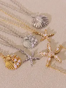 Creative Pearl Shell Starfish Pendant Necklace Fashion Golded Silver Color Summer Beach Jewelry Party Gifts Fashion Chic Accessories