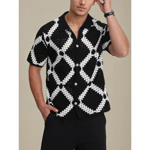 Men's Versatile Fashionable Hollow Knit Cardigan Collar Short Sleeve Top