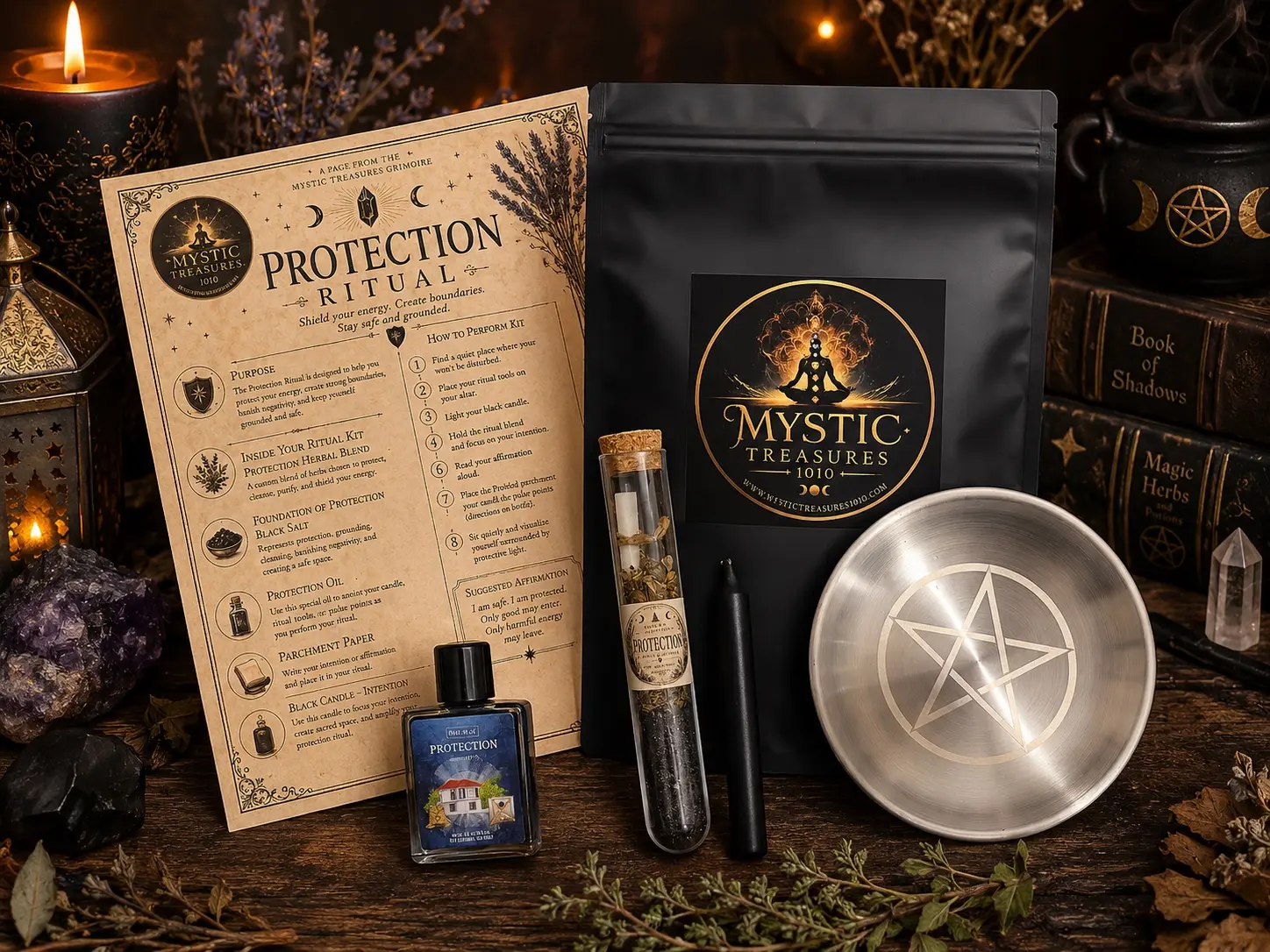 Protection Ritual Kit | Black Candle, Protection Oil, Black Salt & Herbal Blend | Spiritual Cleansing & Energy Shielding