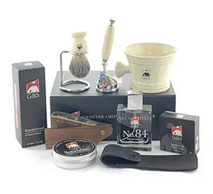 GBS Deluxe Grooming Kit-Shaving Mug with Knob Handle, Badger Brush, Brush Stand, 5 Blade Razor, No.84 Cologne, Sandalwood Aftershave, Wooden comb, Leather Case and 97% All Natural Shave Soap