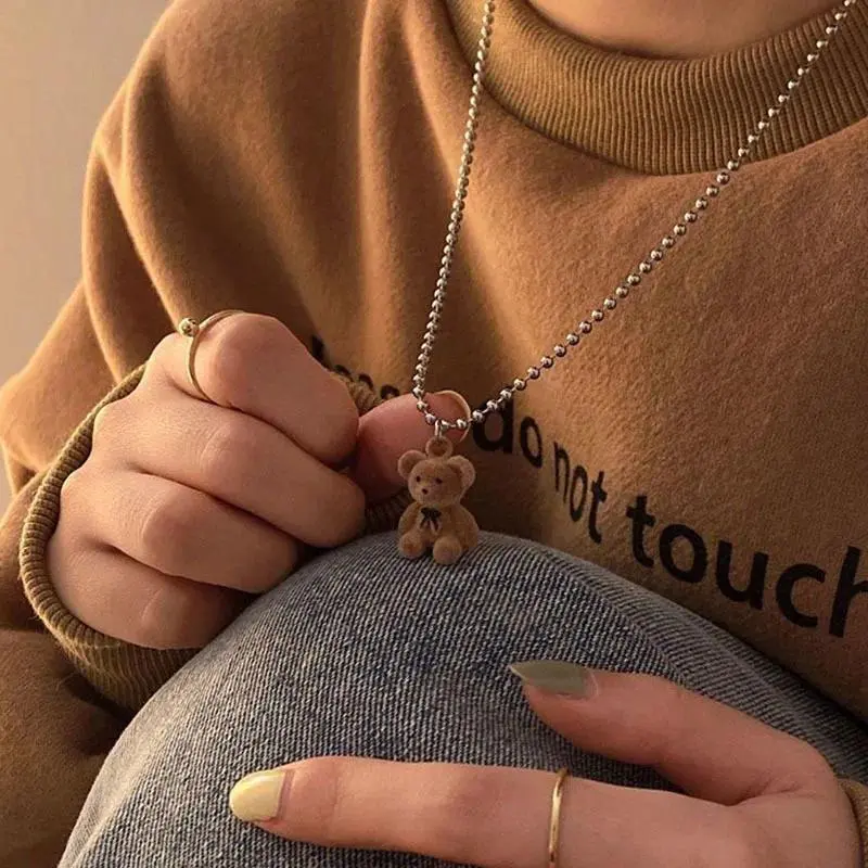 Cute Plush Bear Pendant Necklace for Girls - Korean Fashion Long Sweater Chain, Character Graphic, Dangling Decorative Charm, Girly Chain Jewelry Necklaces, Character Graphic Necklaces