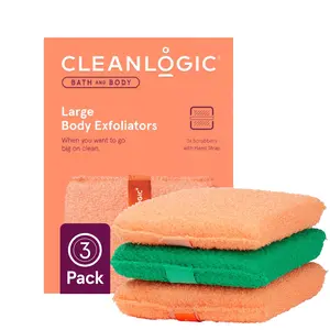 Cleanlogic Large Body Exfoliator - Deep Gentle Cleansing Exfoliating Body Scrubber for Smooth Fresh Skin 3 Pack Dual Sided Sponge for Bathroom Personal Cleaning