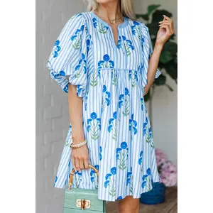 Women's Sky Blue Floral Striped Mini Dress - Puff Sleeve Notched Neck Casual Dress, Sky Blue Puff Sleeve Casual Summer Dress