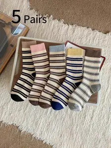 5 Pairs Striped Socks for Women, Korean Style Fall Winter Colorblock, New Patchwork Mid-Calf Socks, Comfortable Casual Socks for Daily Wear