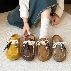Women's Suede Flat Moccasin Mules with Beaded Casual Comfortable Round Toe Soft Sole Slip On Clogs for Daily Work Anti-Slip Walking Slides Slipper Sandals Nail Shoe