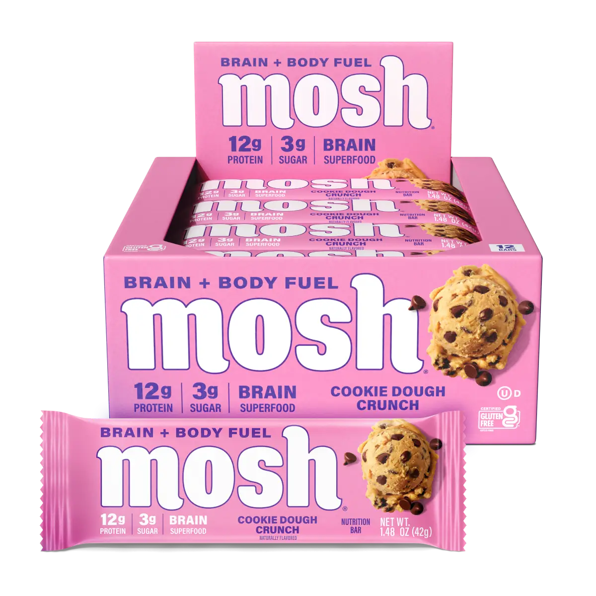 MOSH Protein Bars, Cookie Dough Crunch, 12g Grass-Fed Whey Protein, Gluten-Free, Brain Health Support with Lion’s Mane & B12 - 12 Pack