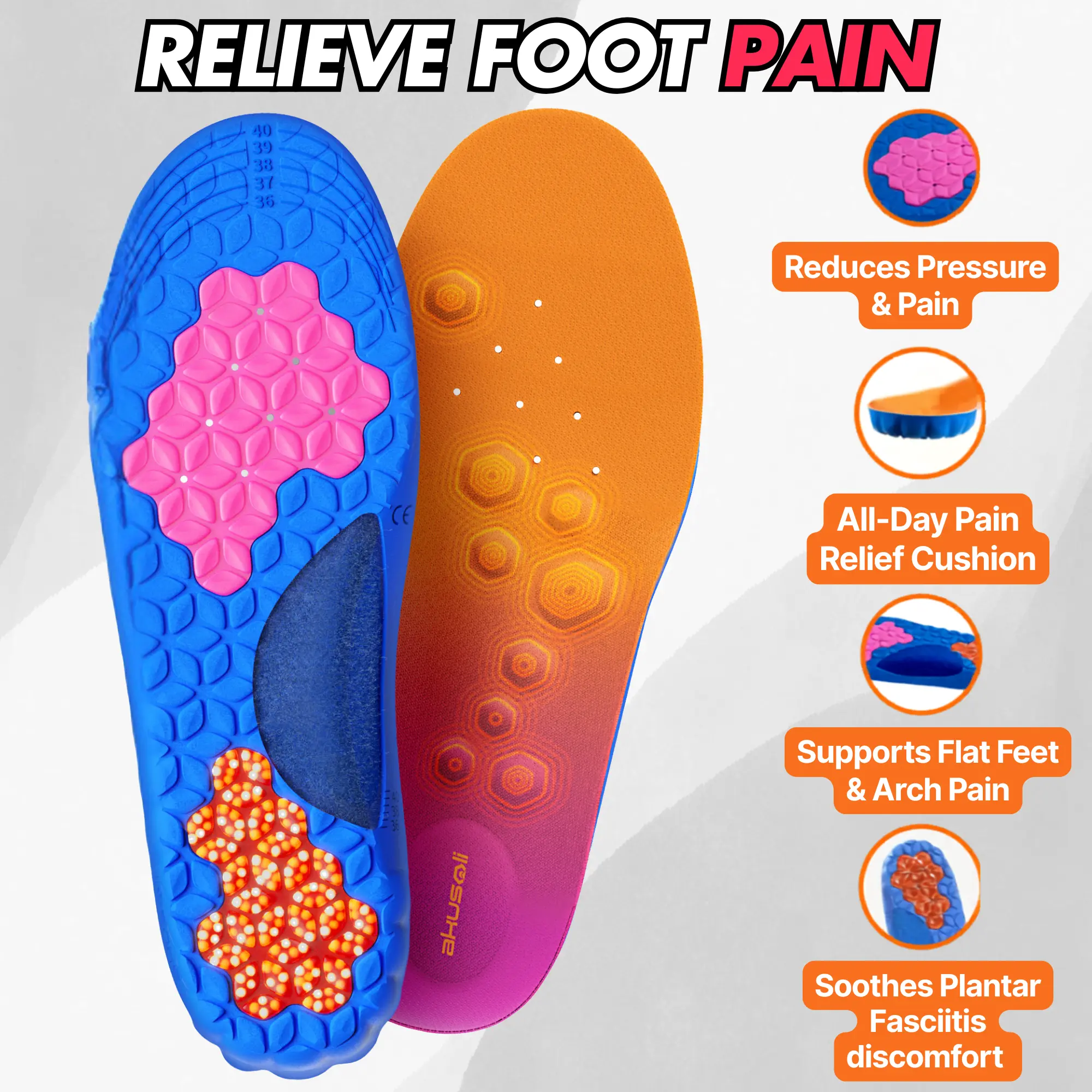 Akusoli CloudCush Orthopedic Insoles for Plantar Fasciitis Relief, Heel Pain, Flat Feet, Arch Support & Foot Fatigue – Shock Absorbing Shoe Inserts for Men & Women, Pressure Relief for Feet, Knees & Back, Trim-to-Fit All-Day Comfort for Work Shoes Daily