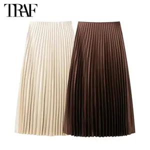 Pleated Long Skirts for Women Fairycore Satin Midi Skirt Women Spring Mid Waist Women's Skirts Vintage Party Woman Skirt