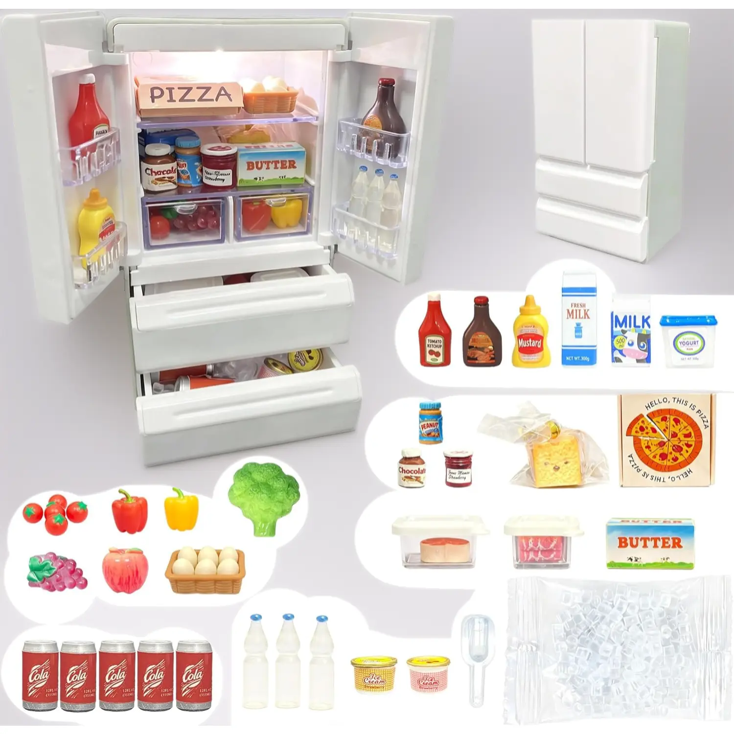 1:12 Scale Compact Plastic Miniature Fridge Toy Set - 41pcs Realistic Mini Food Toys, Dollhouse Kitchen Accessories, Role Play Set for Imaginative Play, Miniature Set, 1:12 Mini Fridge Toy