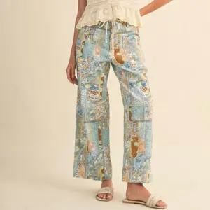Patchwork Print Wide-Leg Pants with Rope Drawstring