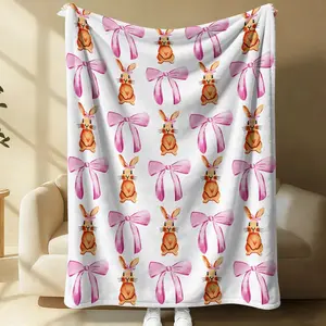 Cute Bunny & Cucumber Print Flannel Throw Blanket, Soft Warm Fleece Blanket with Pink Bow, Cozy Plush Gift Blanket for Couch Bed Sofa, Lightweight Decorative Blanket for All Seasons, Perfect Gift for Friends & Family