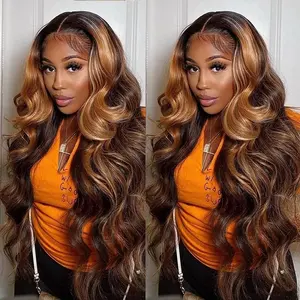 ALIGLOSSY Highlight Body Wave Lace Front Wig Human Hair 13x4 HD Transparent Wavy Lace Frontal Wigs Human Hair Pre Plucked With Baby Hair 180 Density Body Wave Human Hair Wigs