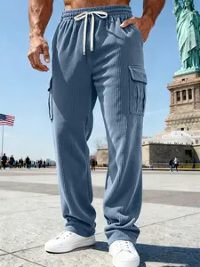 Men's Multi-Pocket Workwear Pants, Durable Corduroy Fabric, Loose Classic Casual Style, Elastic Waist with Drawstring, Spring Fall Trousers for Daily wear Boyfriend Valentine's Day gift for him