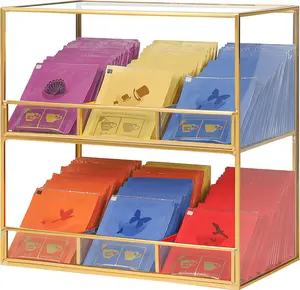 NEW Glass Tea Bag Organizer for Counter, 2-Tier TeaBag Organizer Storage, Tea Holder for Tea Bags, Tea Caddy Tea Box Containers for Tea Bags, Tea Rack Teabag Station Stand for Cabinet Kitchen,Gold