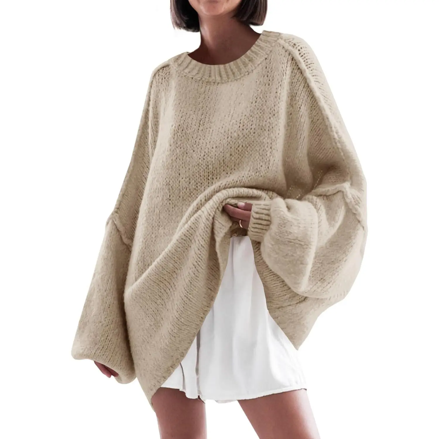 Saodimallsu Womens Oversized Tunic Sweater, Casual Crew Neck Long Lantern Sleeve Chunky Knit Pullover Top, Basic, Knitting, Long Sleeve, Lady, Minimalist, Knitwear, Round Neck