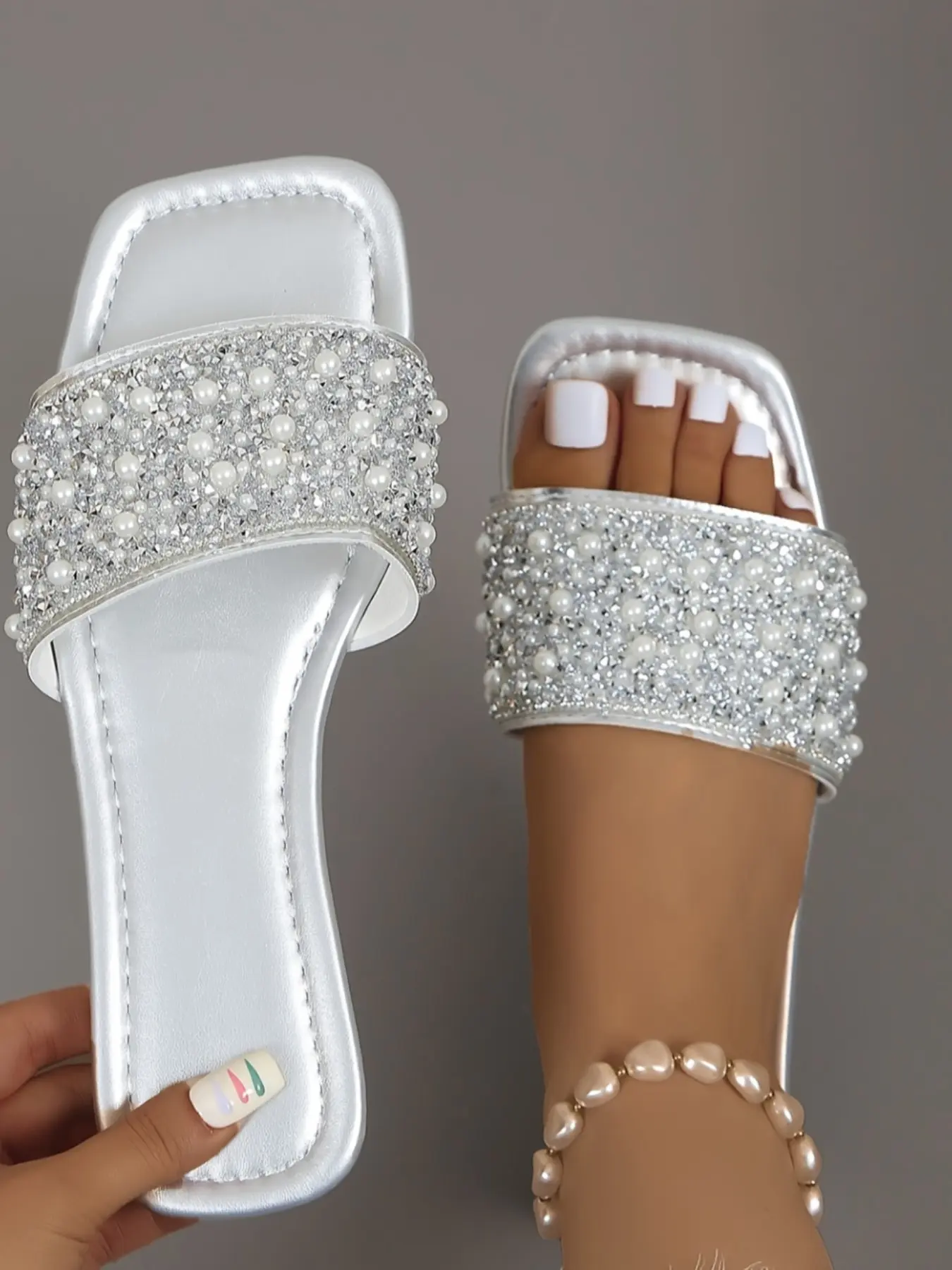 2026 Rhinestone Pearl Square Toe Sandals, Comfortable Non-Slip Rubber Sole, Lightweight Luxury Party Shoes, Chic Summer Footwear, Spring Summer Fashion Flat Slide Sandals