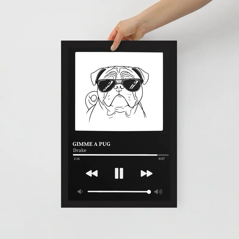 GIMME A PUG Framed Poster, Drake Inspired Pug with Sunglasses In A Music Player Design Wall Decor