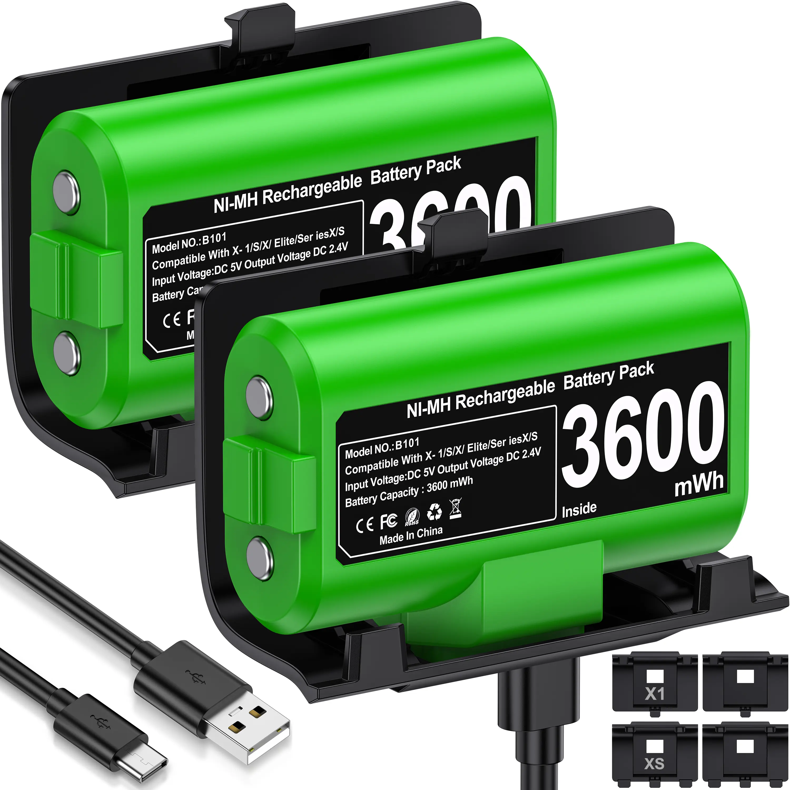 Wireless Xbox Controller Rechargeable Battery Pack Kit - 2x3600mWh Batteries, Charging Dock, 12H Long-Lasting, Wireless Charging, LED Light Accessories for Series X|S & 1 Controllers