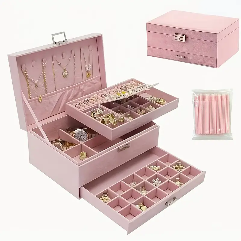 3-Layer Velvet Jewelry Organizer Box, Large Capacity Drawer Jewelry Storage Case, Multi-compartment Holder for Earrings Necklaces Rings Bracelets, Aesthetic Gift for Women Girls Birthday Mother's Day