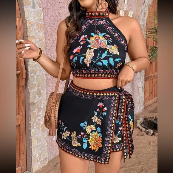 Boho Plus Size Floral Print Halter Cropped Top Side Knot Skort Set Black