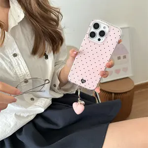 Crystal transparent white light wave point heart-shaped phone case with heart-shaped pendant for iPhone 11 12 13 14 15 16 pro max