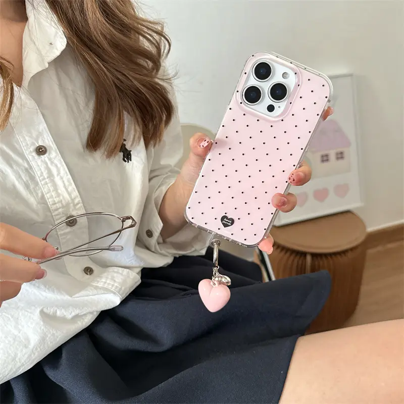 Crystal transparent white light wave point heart-shaped phone case with heart-shaped pendant for iPhone 11 12 13 14 15 16 pro max