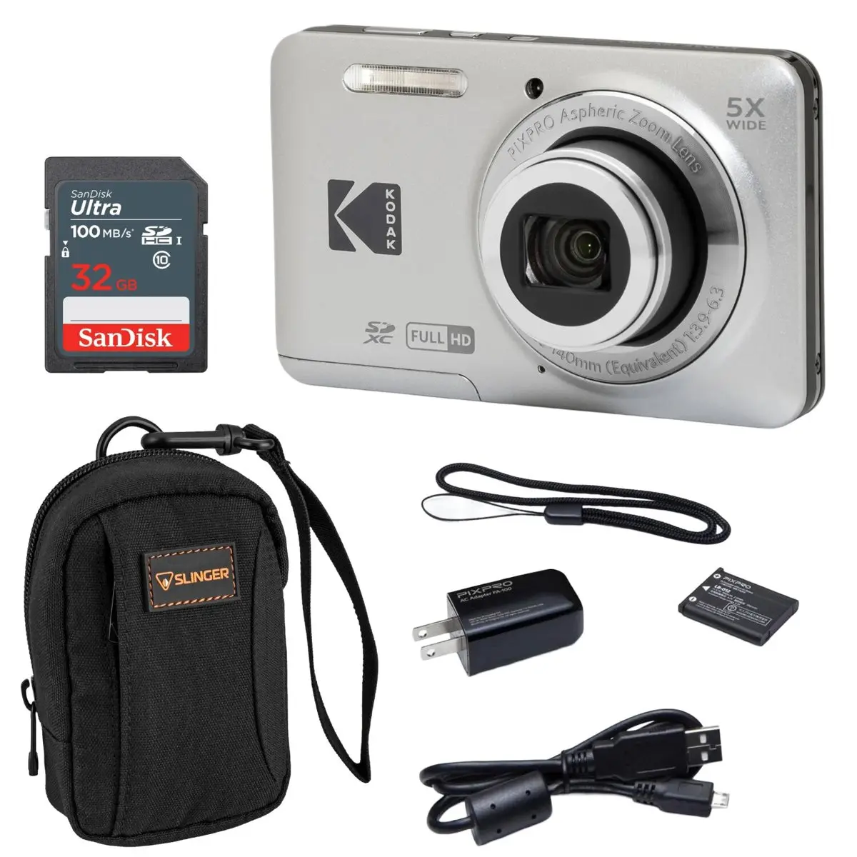 Kodak PIXPRO FZ55 Friendly Zoom Digital Camera, Silver, With SD Card &Camera Bag