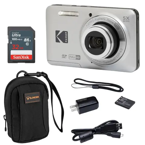 Kodak PIXPRO FZ55 Compact Digital Camera - Silver Friendly Zoom, 5x Zoom, 28mm Wide-Angle, Rechargeable Li-ion Bat., Lithium Ion Battery, HD LCD Screen, HD Video, SD Memory Card, Camera Bag