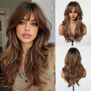 24 Inch Caramel Brown with Golden Highlights Long Loose Wave Wig with Curtain Bangs for Women Glueless Natural Hairline  Hair Heat Resistant Daily  Party Wear