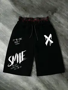 Men's "SMILE" Double Waistband Shorts | Y2K Streetwear Shorts with "SMILE Relax! Everything Will Be Ok" Print & Drip X Graphic, Plaid Double Waistband Detail | Retro Street Style for Gen Z Guys & Streetwear Enthusiasts