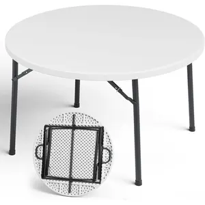 48" Folding Round Table, Heavy Duty Plastic Commercial Dinner Table with Foldable Steel Legs, Portable Banquet Table for Wedding, Party, Events, Indoor, Outdoor, White