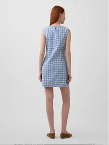 Plaid Denim Mini Shift Dress Color Light Indigo Plaid