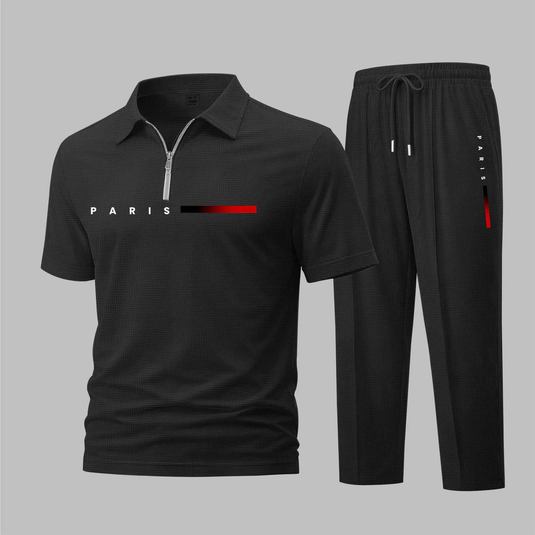 Men's Casual Athleisure 2-Piece Set, Waffle-Knit Polyester Zip Polo Shirt and Street Fit Long Pants, Clothes, Athleisure Street Fit, Fabric, Mens Clothing, Sporty Chic, Men's 2 Piece Sets, Drawstring