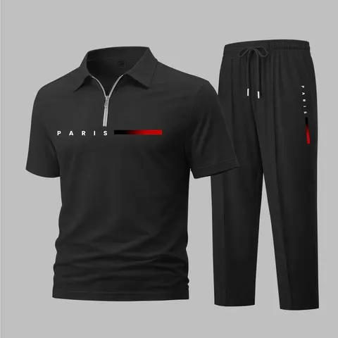 Men's 2-Piece Plain Athleisure Sweatsuit Sets - Waffle-Knit Polyester Zip Polo Short-Sleeve Shirt, Loose-Fitting Drawstring Long Pants, Athleisure Street Fit, Street-Sport Look, Casual Men's Fashion, Machine Washable Essentials
