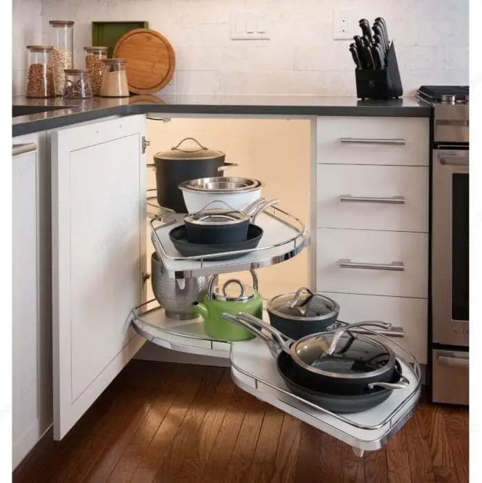 Hafele LeMans II Corner Lazy Susan - Chrome/White Model 40 (12" Tray) Swing Left