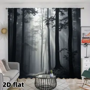 2D Flat 2Pcs Forest Mist Curtains, Mystic Dark Woods Scenery, Rod Pocket Design, Light Filtering Polyester, Nature Theme Drapes for Living Room Bedroom Kitchen Office, Moody Atmospheric Window Treatment, Elegant Home Decor