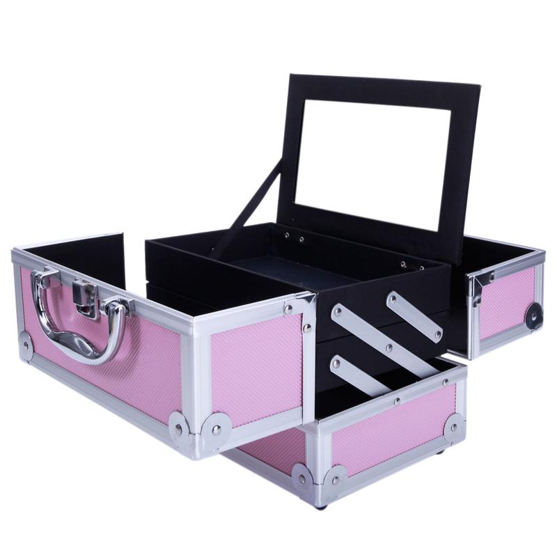Aluminum Makeup Train Case Jewelry Box with Mirror Pink Lockable Handle Accordion Style Fold Out Compartments Compact Design Travel Essentials