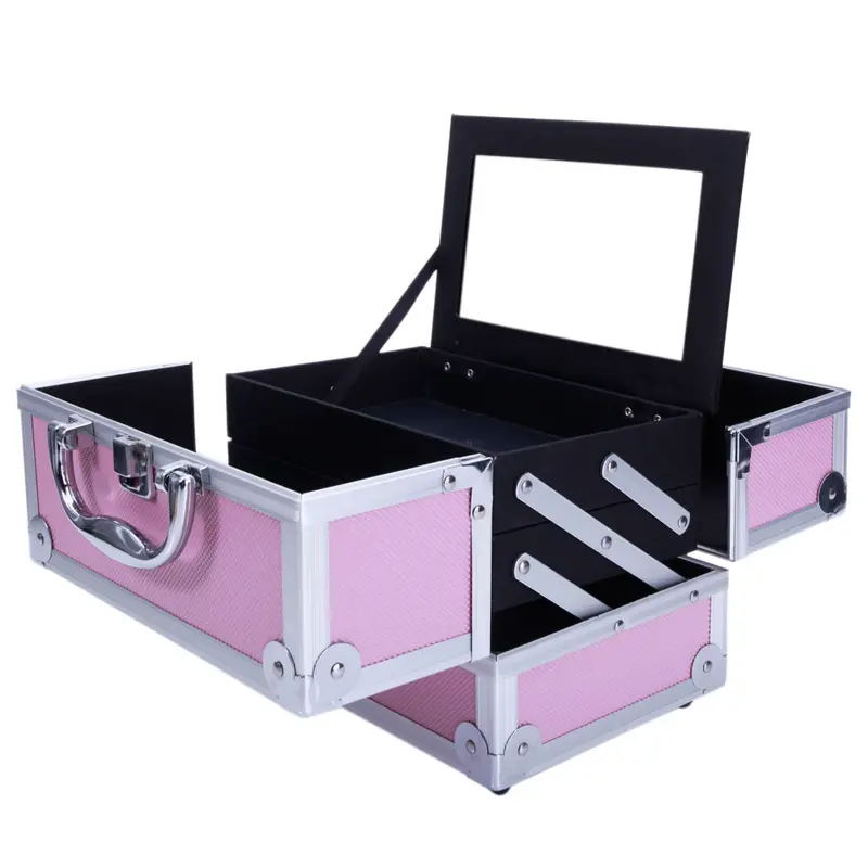 Aluminum Makeup Train Case Jewelry Box with Mirror Pink Lockable Handle Accordion Style Fold Out Compartments Compact Design Travel Essentials