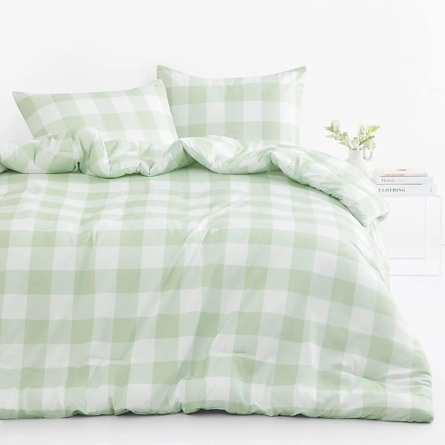 - Gingham Comforter Set, Check Checkered Cottagecore Cute Geometric, Soft Lightweight Bedding, 3 Pieces, Sage Green, Twin/Twin XL Size