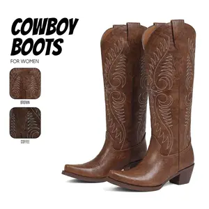 Cowboy Boots For Women Embroidered Knee High Boot Pointed Toe Chunky Block Heel Easy Pull on Gifts Party Dressy Work Casual Wear Festival Country Wedding Fashion Spring Summer Western Retro Classic  Long Tall Cowgirl Shoes Deals For You Days