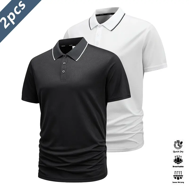Men's 2-Pack Solid Color Short-Sleeve Collared Casual Polo Shirts, Quick-Dry Wrinkle-Resistant Golf Apparel for Summer Hiking
