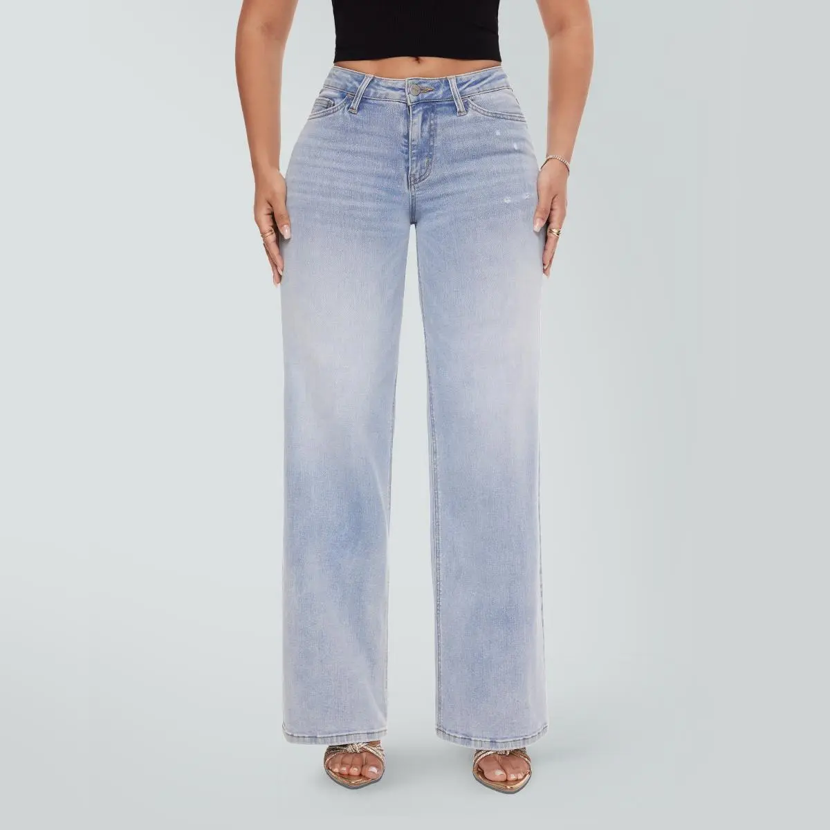 Magic ONESO Mid-low Rise Baggy Jeans Stretchy Wide Leg for Women Distressed Pants Light Blue/Dark Blue/Leopard Print/PinkieBow Womenswear Bottom 8001 Lady Basic Minimalist Comfortable Denim Tummy Control Curve Hugging Plus Size Regular Size BBL