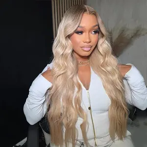 13x6 HD Lace Wig 180 Density Ombre Ash Blonde With Dark Root Body Wave Lace Front Human Hair Wigs For Women Milk Tea Colored Raw Remy Hair Wigs SpringStatements