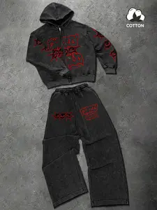 Aesthetic Grunge Red Graffiti Print Oversized Tracksuit | Cyber Y2K Streetwear Full Zip Hoodie Set | Mineral Washed Skater Style Baggy Two-Piece Set