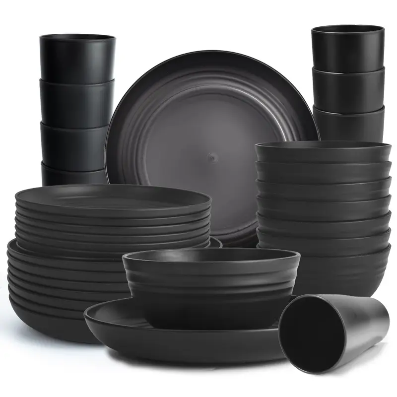Sebastian CADIA Eco Natural Wheat Straw 32-Piece Adult Tableware & Cutlery Set with Bowls - Reusable, Sleek Design, Shatterproof, Microwave-Safe, Dishwasher-Safe, Lightweight, Easy Transport, Outdoor, Everyday Kitchen Supplies
