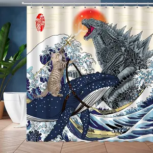 Cat Riding Whale Vs Dinosaur Monster Shower Curtain Set, Funny Japanese Anime Sun Ocean Waves Kids Home Bathroom Decor Waterproof Fabric Bath Curtain with 12 Hooks