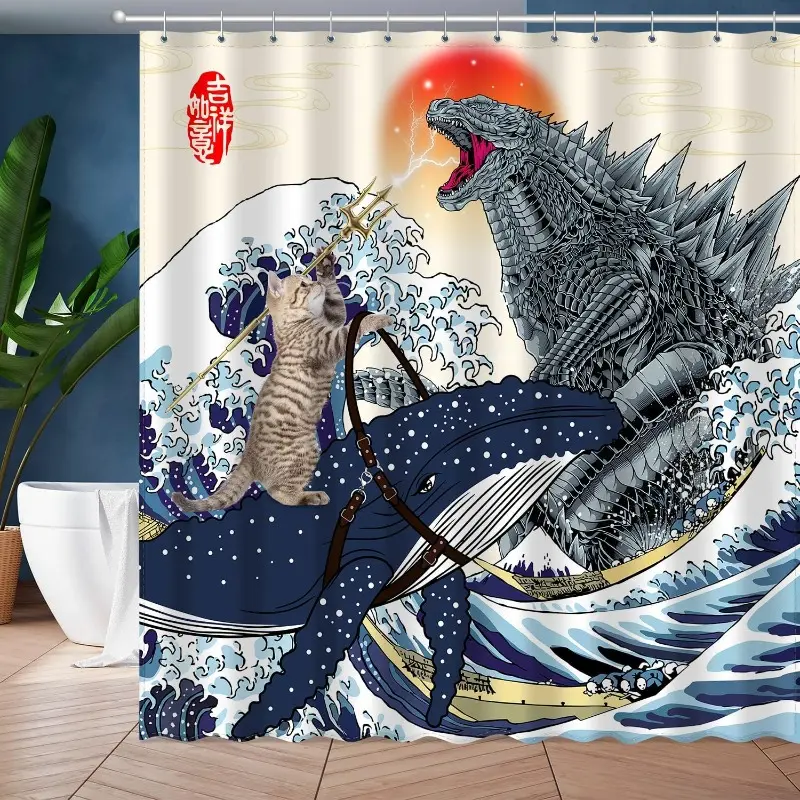 Cat Riding Whale Vs Dinosaur Monster Printed Shower Curtain Set, Funny Japanese Anime Sun Ocean Waves Kids Home Bathroom Restroom Decor Waterproof Fabric Bath Curtain with 12 Hooks