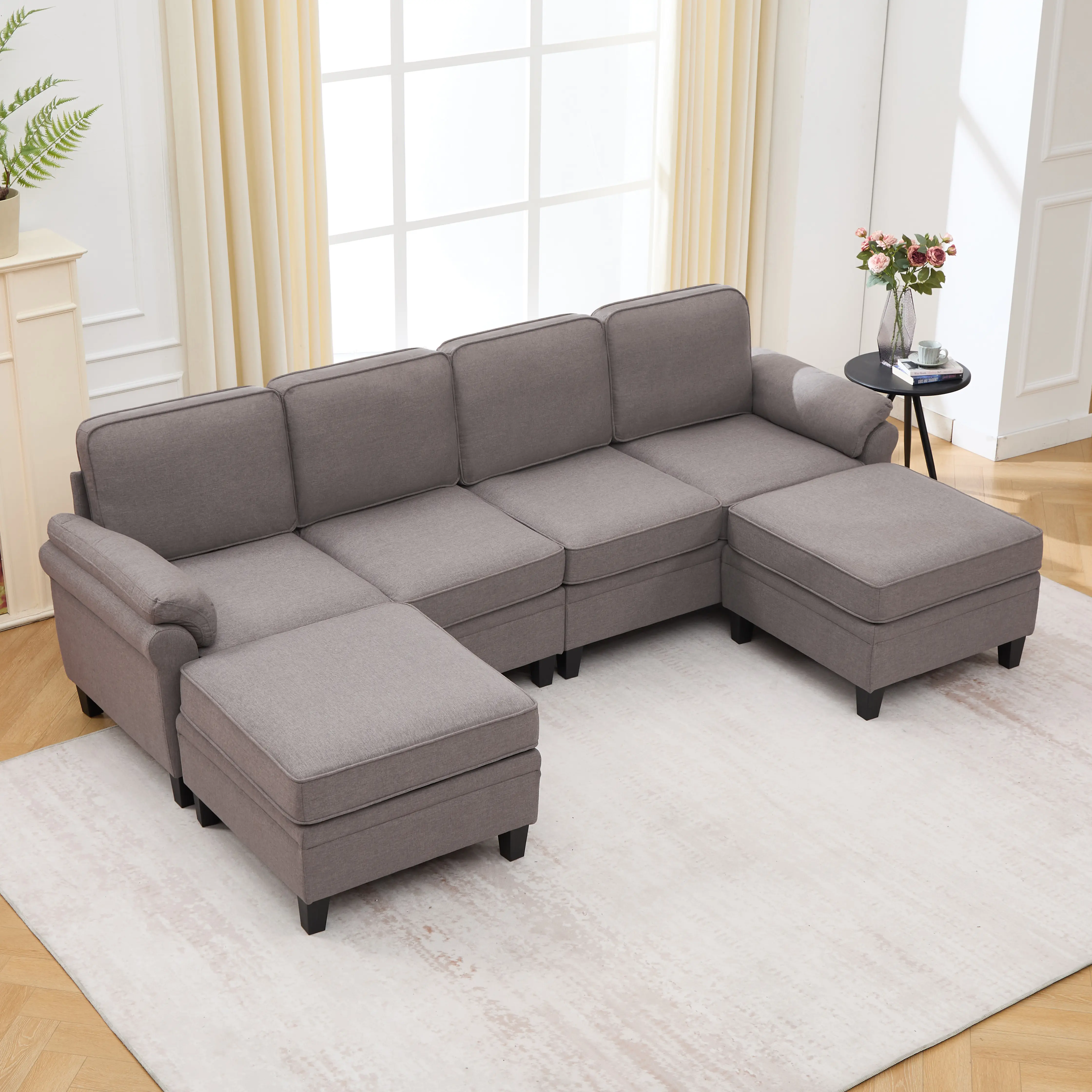 Modular L-Shaped Sectional Sofa with Storage Ottoman, 102-Inch Cloud Couch, Dark Gray Linen Blend, 6-Seat Corner Sofa with Under-Seat Storage, DIY Configurable for Living Room, Farmhouse Style, Wood Frame, Foam Cushions